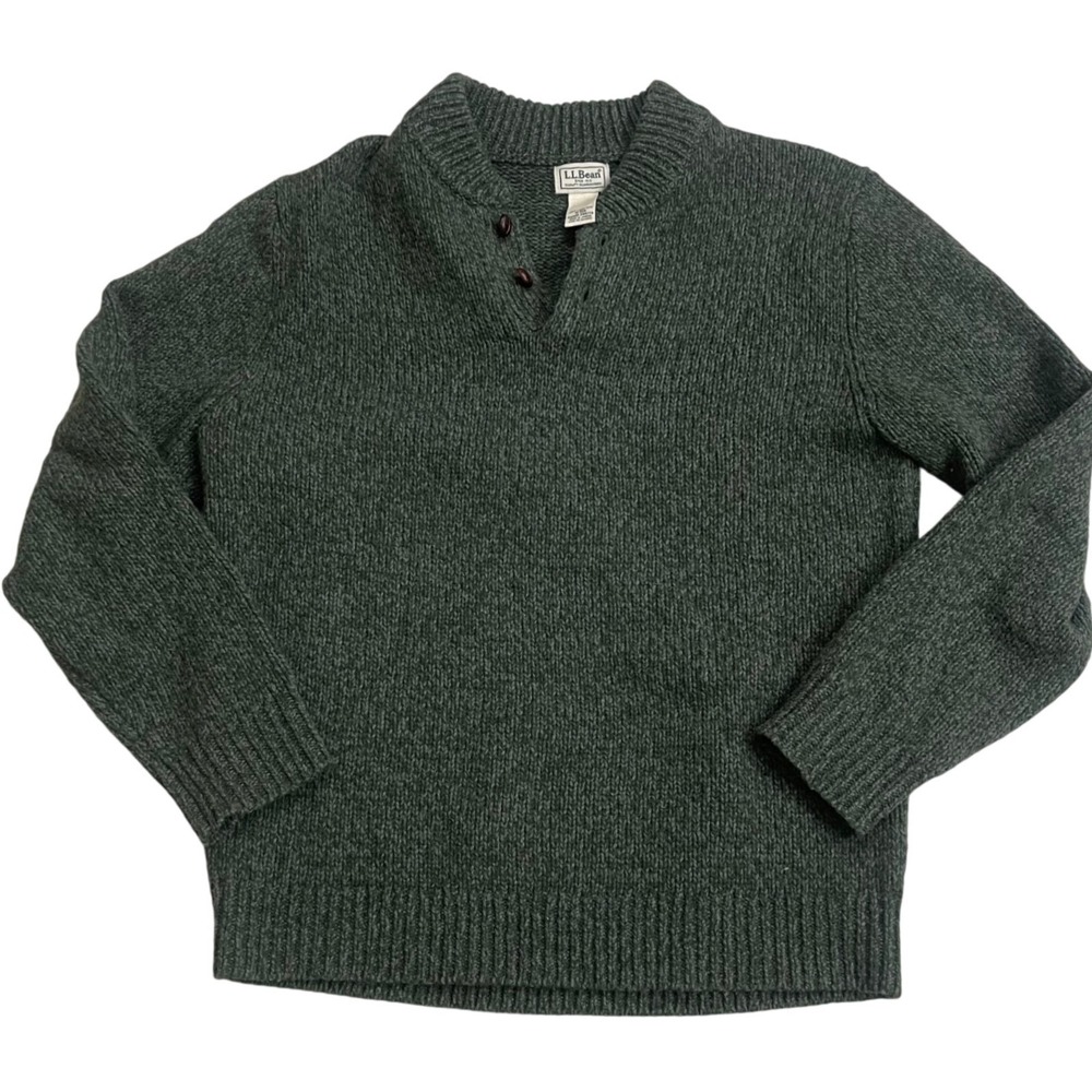 LL Bean Mens Forest Green 100% Lambswool Shawl Collar Sweater M-REG 285174